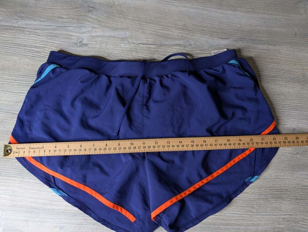 Under Armour Fly By 2.0 Running Shorts Blue with Orange and Teal Trim XL